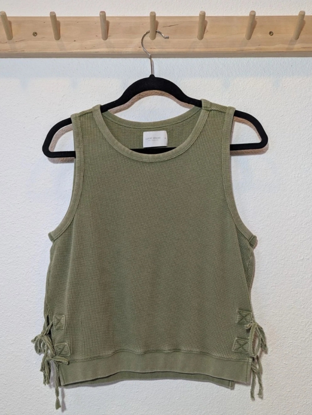 Lucky Brand Vintage Olive Green Waffle-Knit Sleeveless Tank With Side Ties